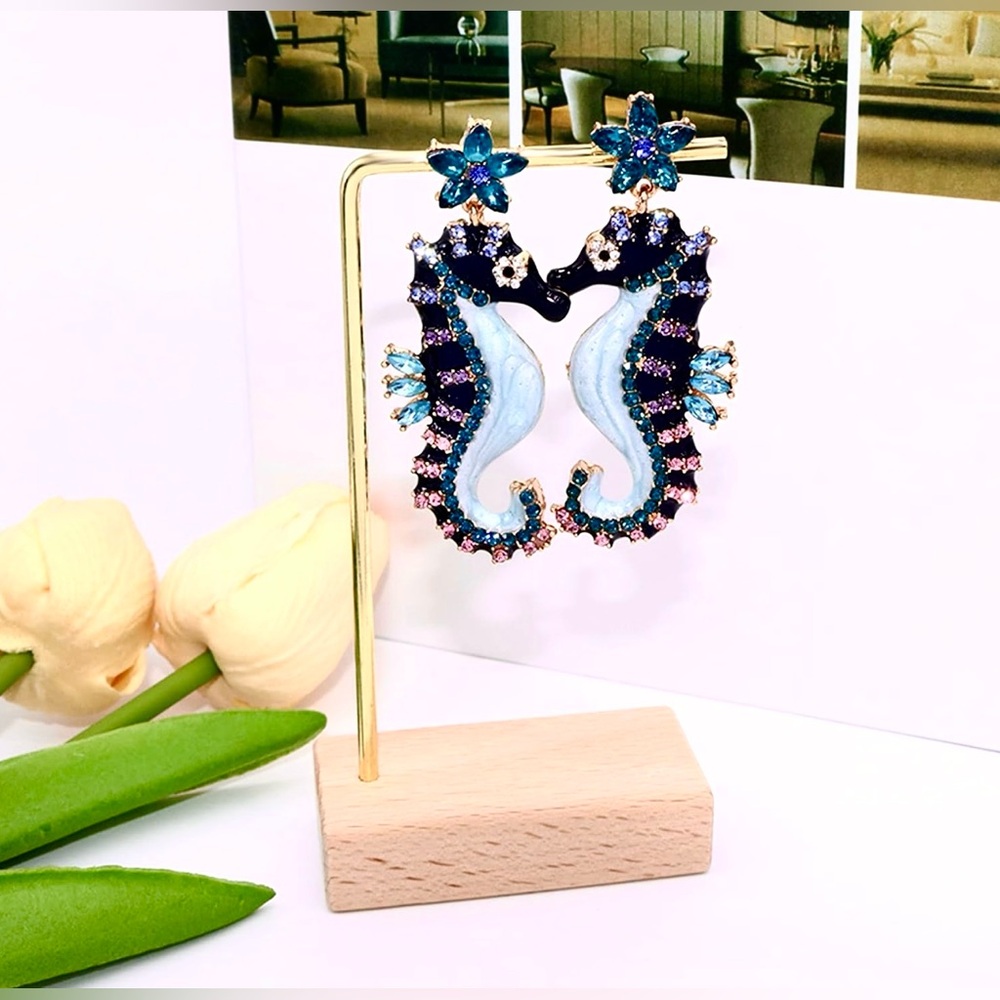 Blue Seahorse Rhinestone Statement Earrings Length 2.5” - Picture 6 of 8